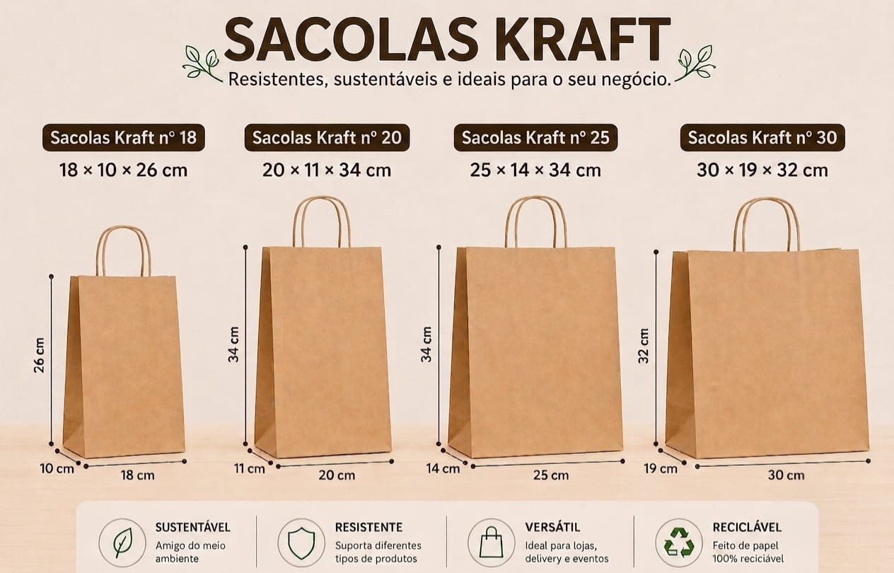 Sacolas Kraft nos tamanhos 18, 20, 25 e 30