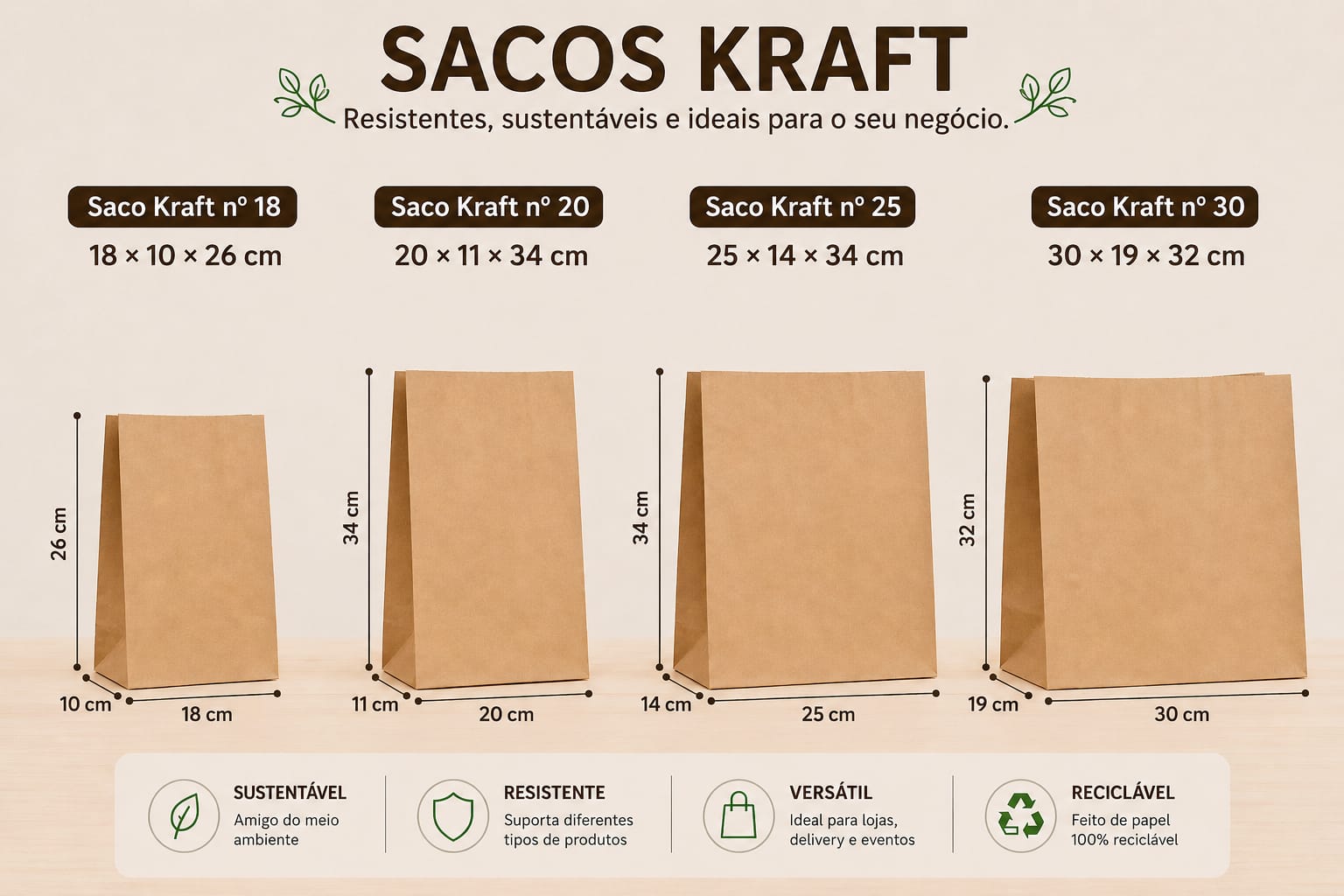 Sacos Kraft nos tamanhos 18, 20, 25 e 30
